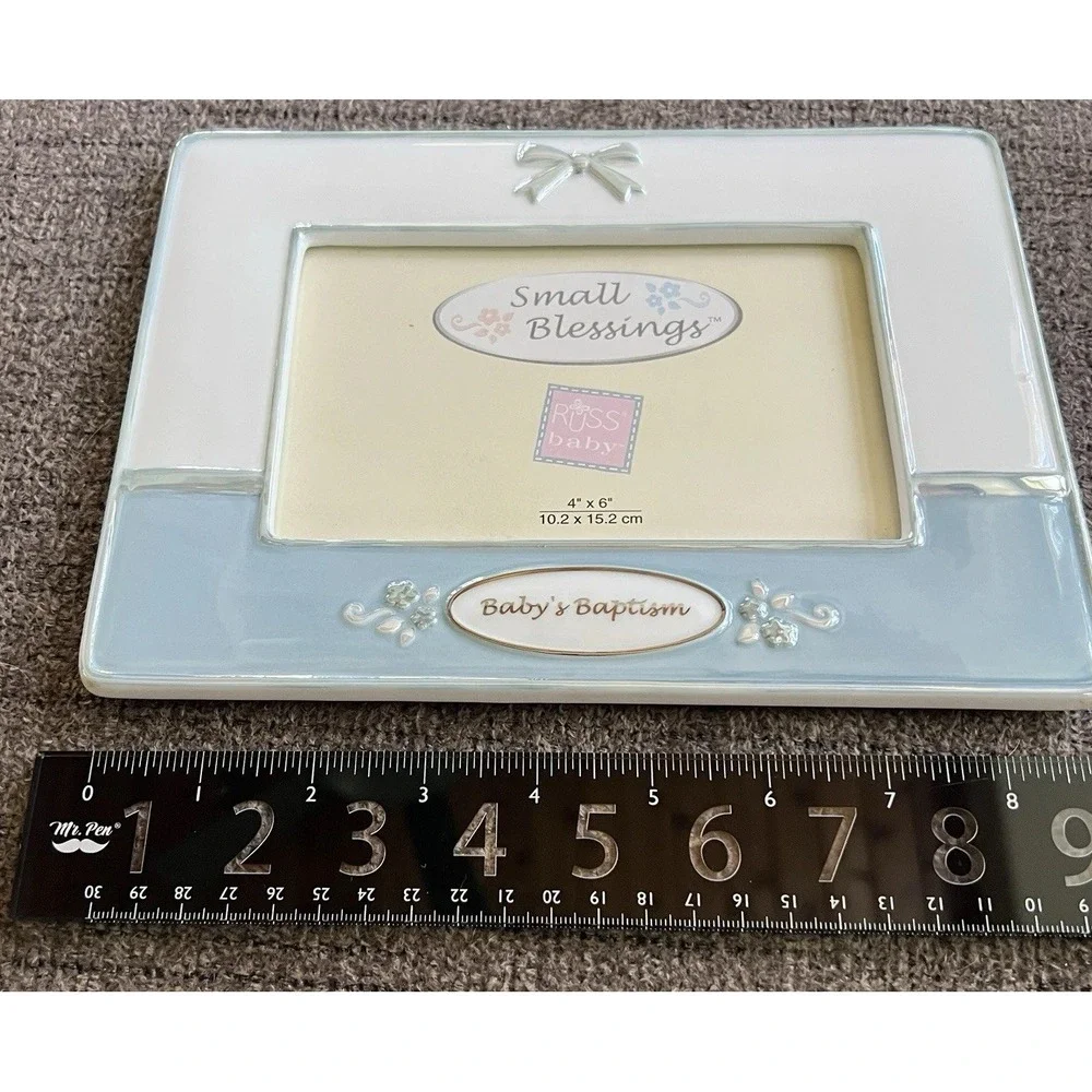 Russ Baby Small Blessings Ceramic Picture Frame Babys Baptism Blue White 4x6